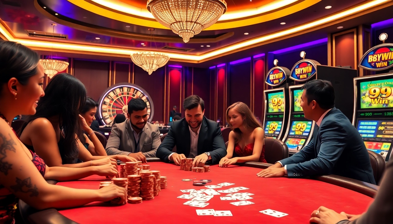 Exciting scene of players at a poker table, highlighting moments of victory in 98 win.