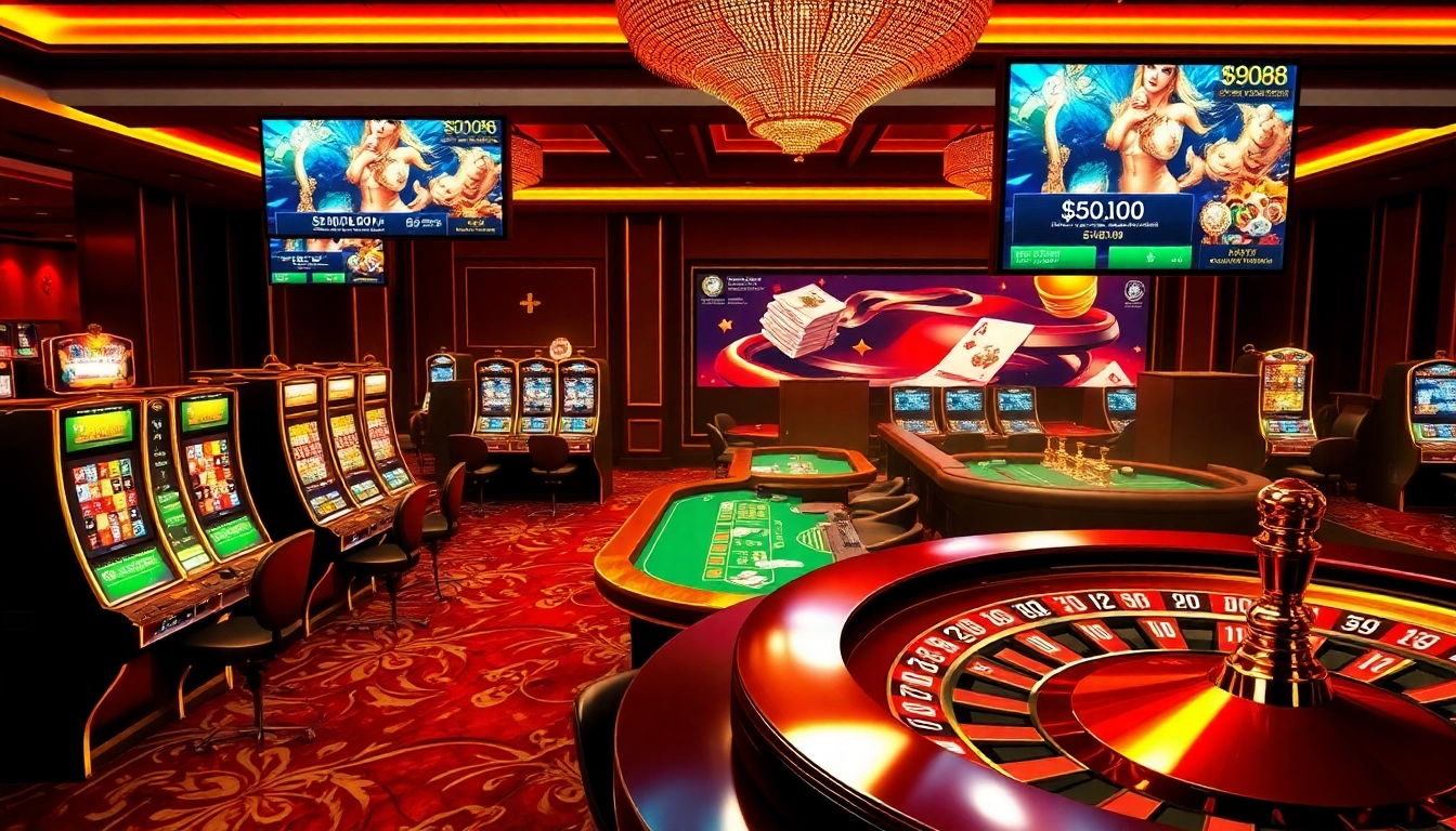 Engaging scene of gambling excitement at one88's vibrant online casino, showcasing tables and slot machines.