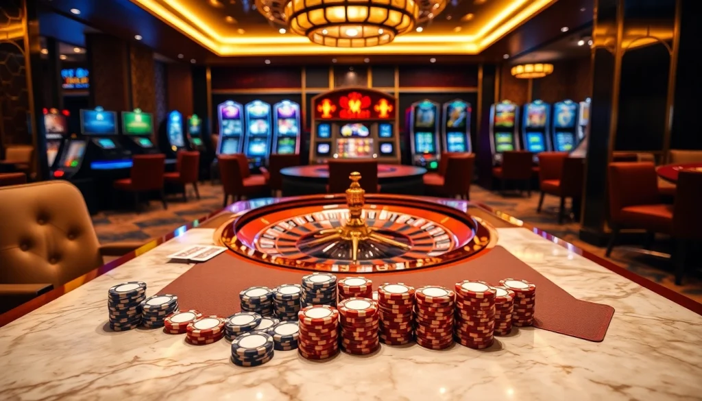 Experience the thrill of 8kbet with luxurious casino gaming visuals featuring poker chips, cards, and a roulette wheel.