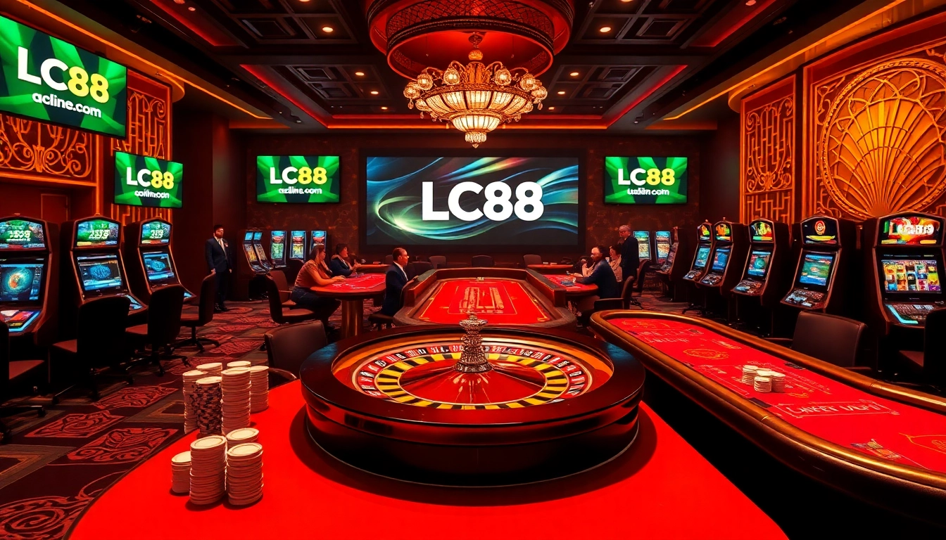 A dynamic casino scene featuring online gambling elements with the Lc88 com logo prominently displayed.