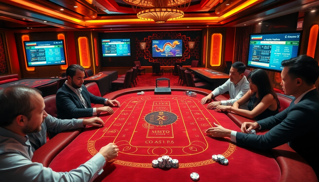 Play xóc đĩa online at an elegant casino table surrounded by excited players.