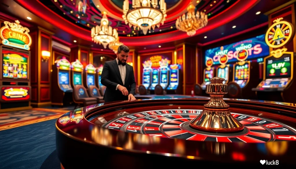 Experience high-stakes excitement at luck8 com with a luxurious casino atmosphere featuring roulette, chips, and immersive gaming.