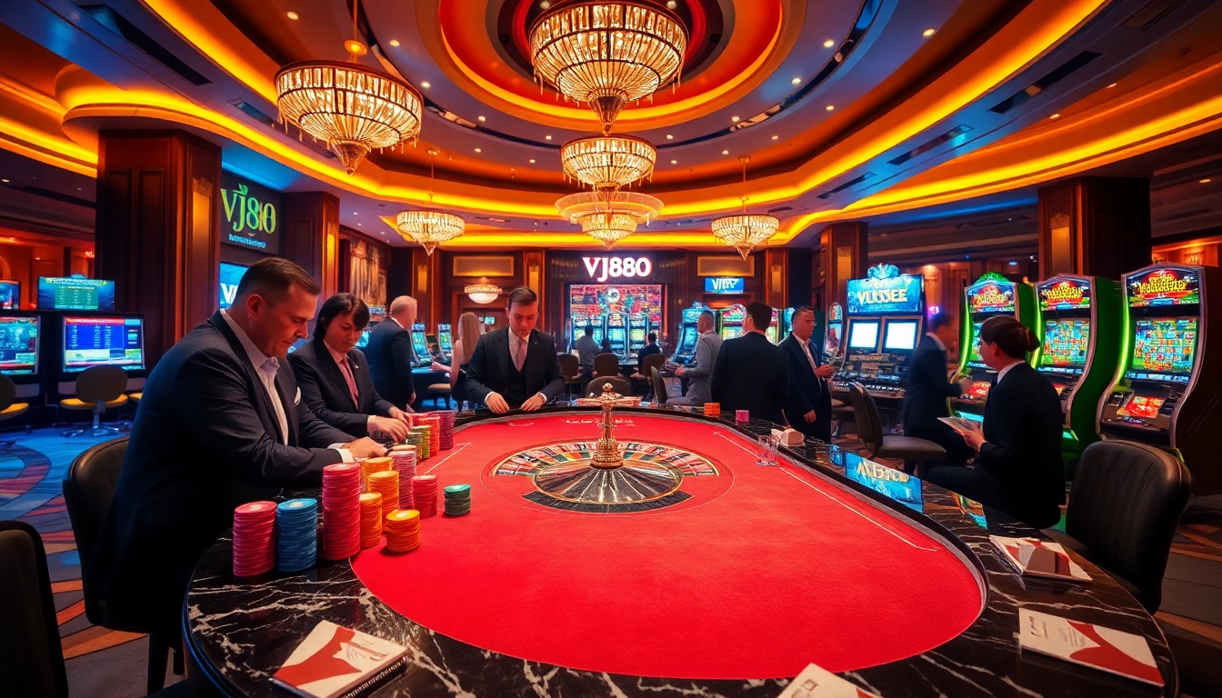 Experience high-stakes gambling at a luxurious VJ88 casino, featuring a vibrant poker table and roulette wheel.