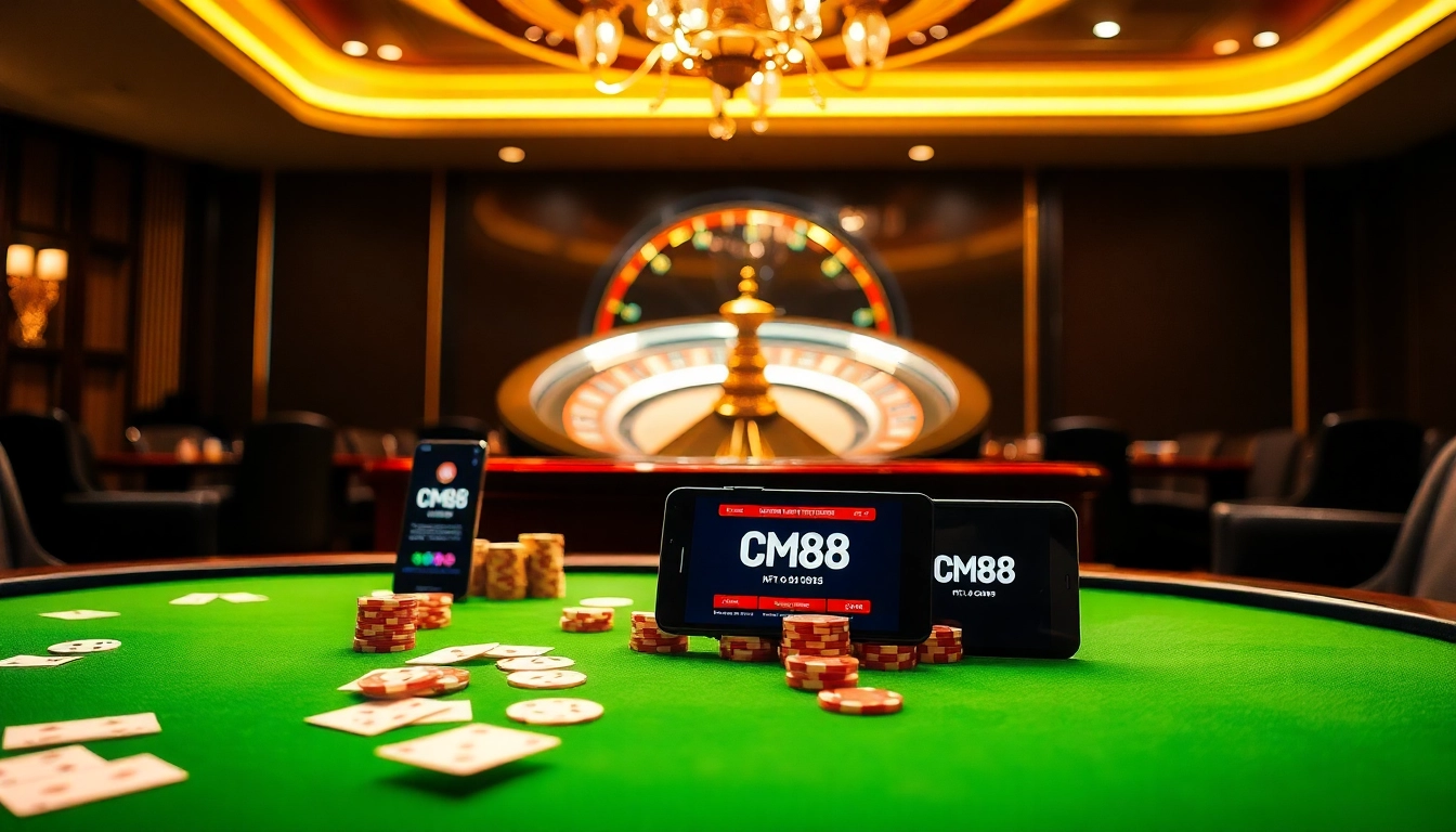 Experience thrilling gameplay at CM88's luxurious casino, showcasing vibrant poker chips and cards.