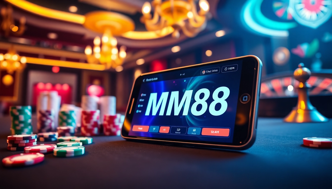 Experience MM88 gameplay excitement with vibrant casino elements and engaging smartphone interface.