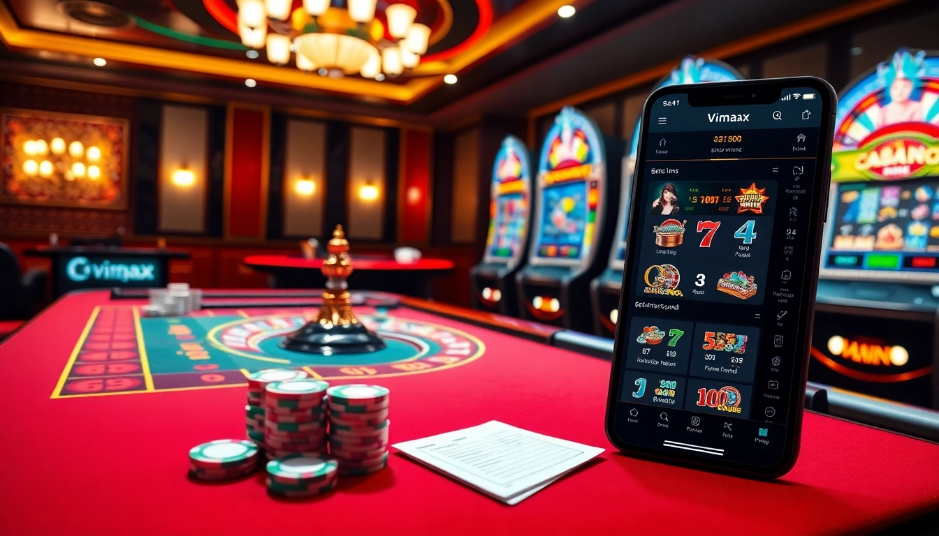 Experience thrilling gaming action at https://vmax1.so/ with vibrant casino tables, poker chips, and slot machines.