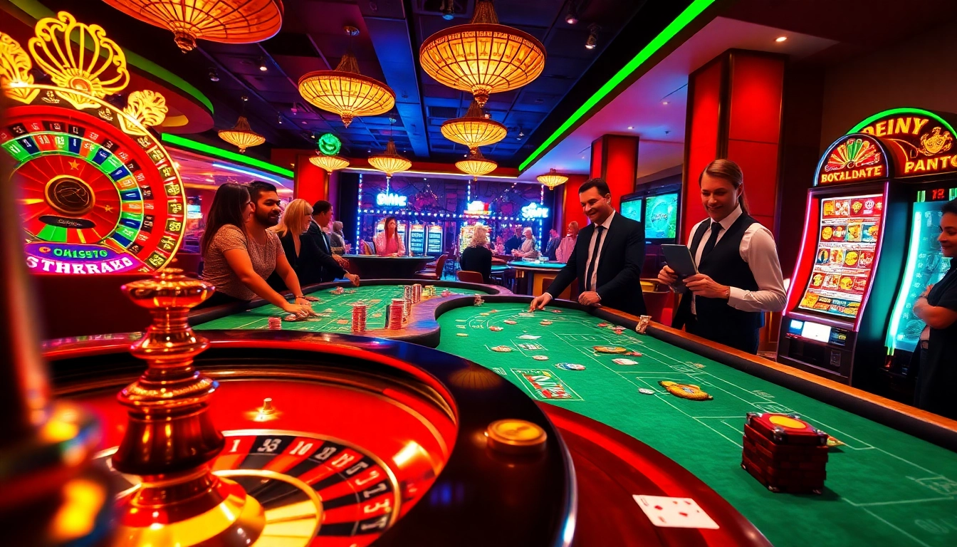 In a luxury casino scene, gamblers experience thrilling games like poker and roulette with ku3933 excitement.