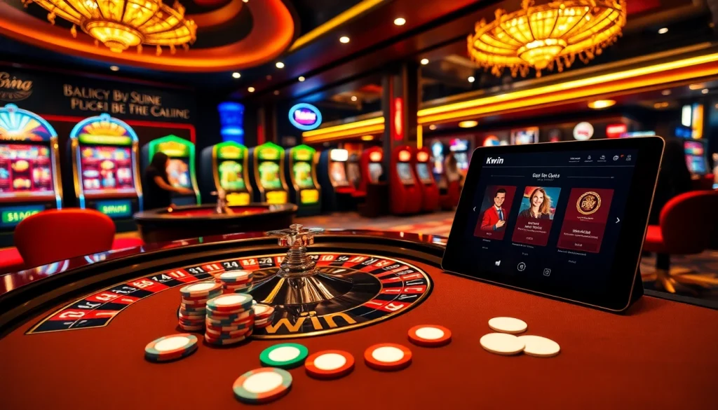 Kwin casino scene with poker chips and a roulette wheel, capturing the excitement of online gambling.