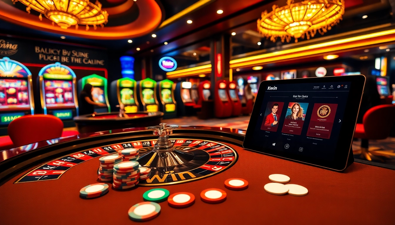 Kwin casino scene with poker chips and a roulette wheel, capturing the excitement of online gambling.