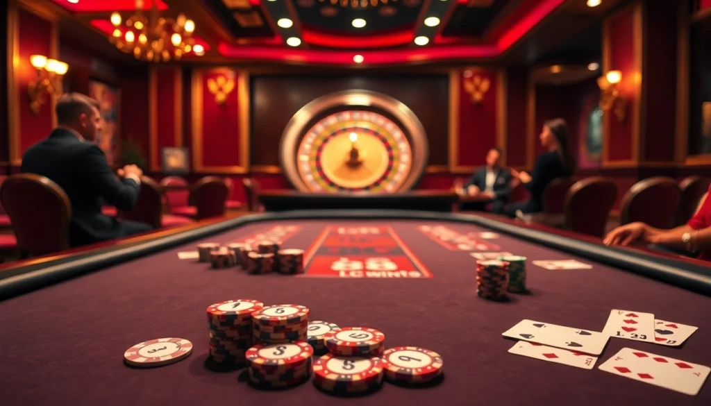 Players strategizing at the LC 88 gaming table with vibrant chips and cards.