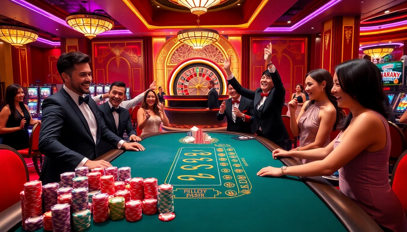 Players celebrate their wins at a vibrant FLY 88-themed casino with colorful chips and luxury decor.