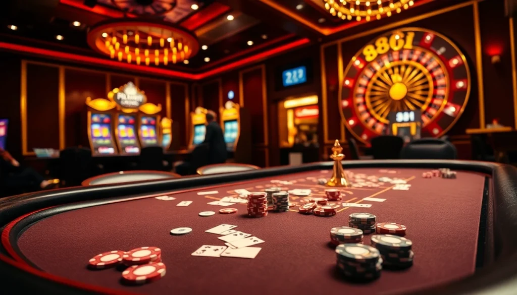 Players strategizing at a luxurious casino table featuring poker and 88i-related gambling elements.