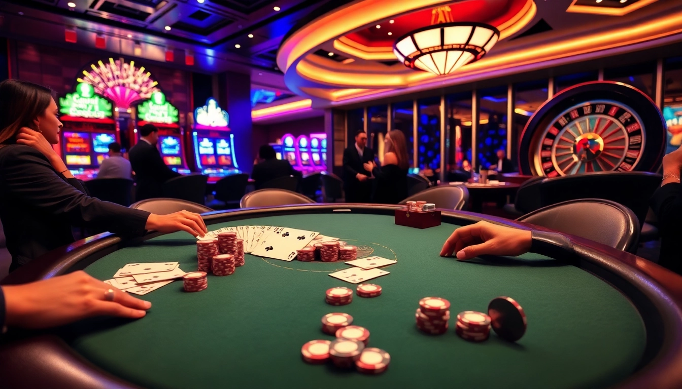 Players engage in high-stakes poker at cm88, surrounded by vibrant casino elements and excitement.