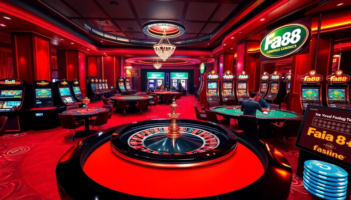 Players enjoying poker and roulette at an upscale casino featuring fa88 branding.