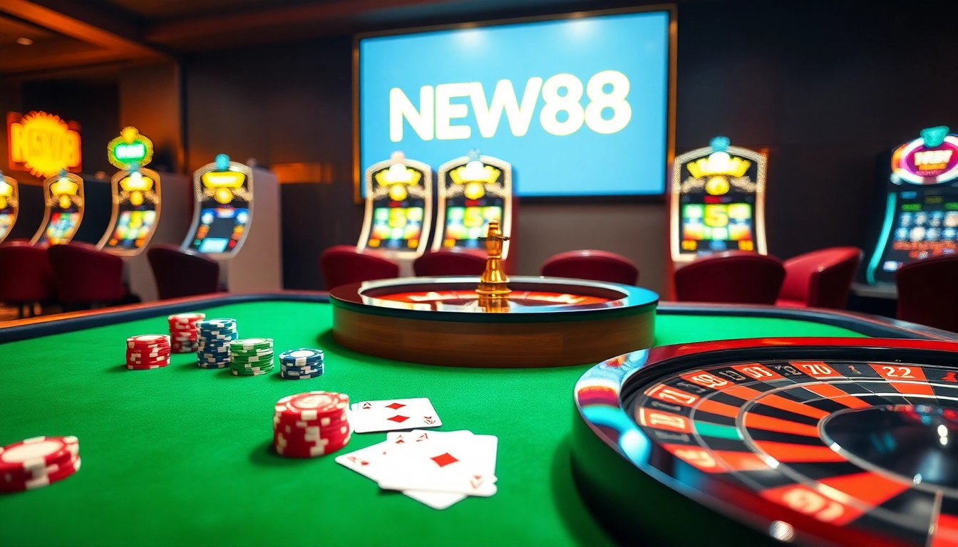 Experience the thrill of Đăng Nhập NEW88 at a vibrant casino table with cards and colorful poker chips.