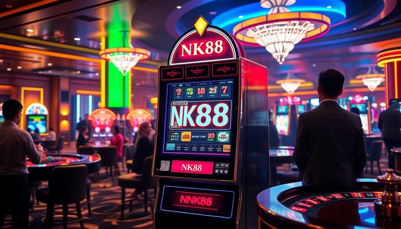 Players enjoying the NK88 slot machine in a vibrant casino atmosphere filled with excitement and luxury.