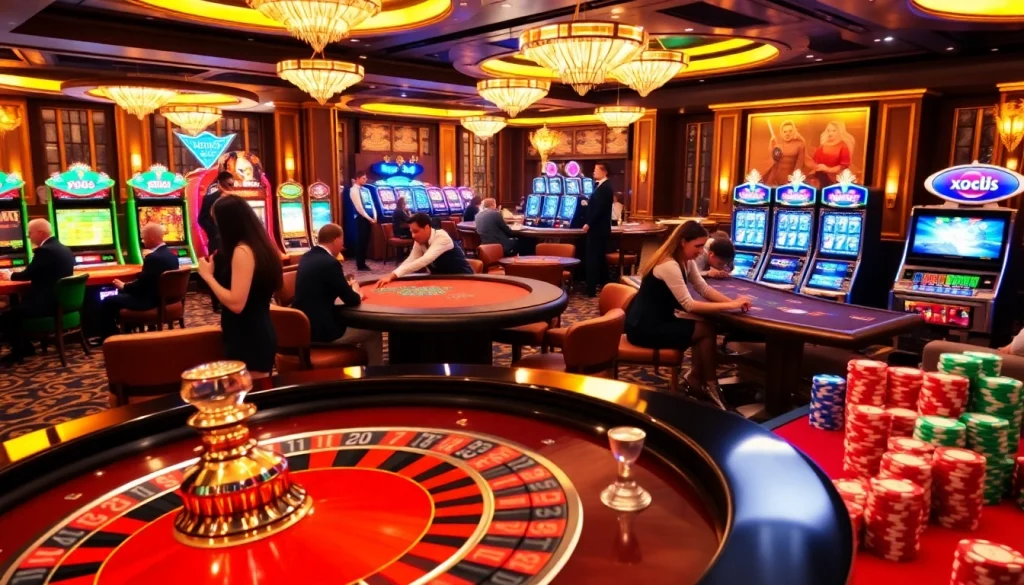 Players enjoying thrilling gambling games at xo88 with vibrant tables and slots.