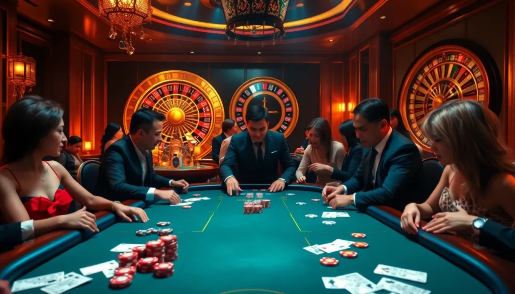 Engage with thrilling action at Nhà cái 789K poker table amidst a luxurious casino setting.