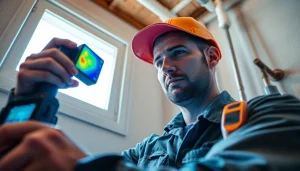 Leak detection technician using thermal imaging technology to find hidden leaks in a home.