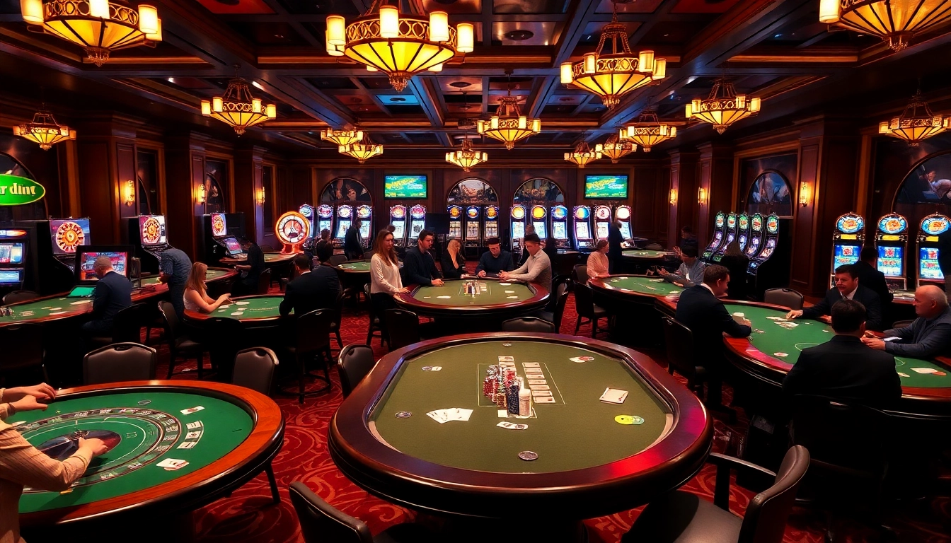 Exciting casino atmosphere featuring poker tables at https://69vn.br.com/ with colorful slot machines and roulette wheels.