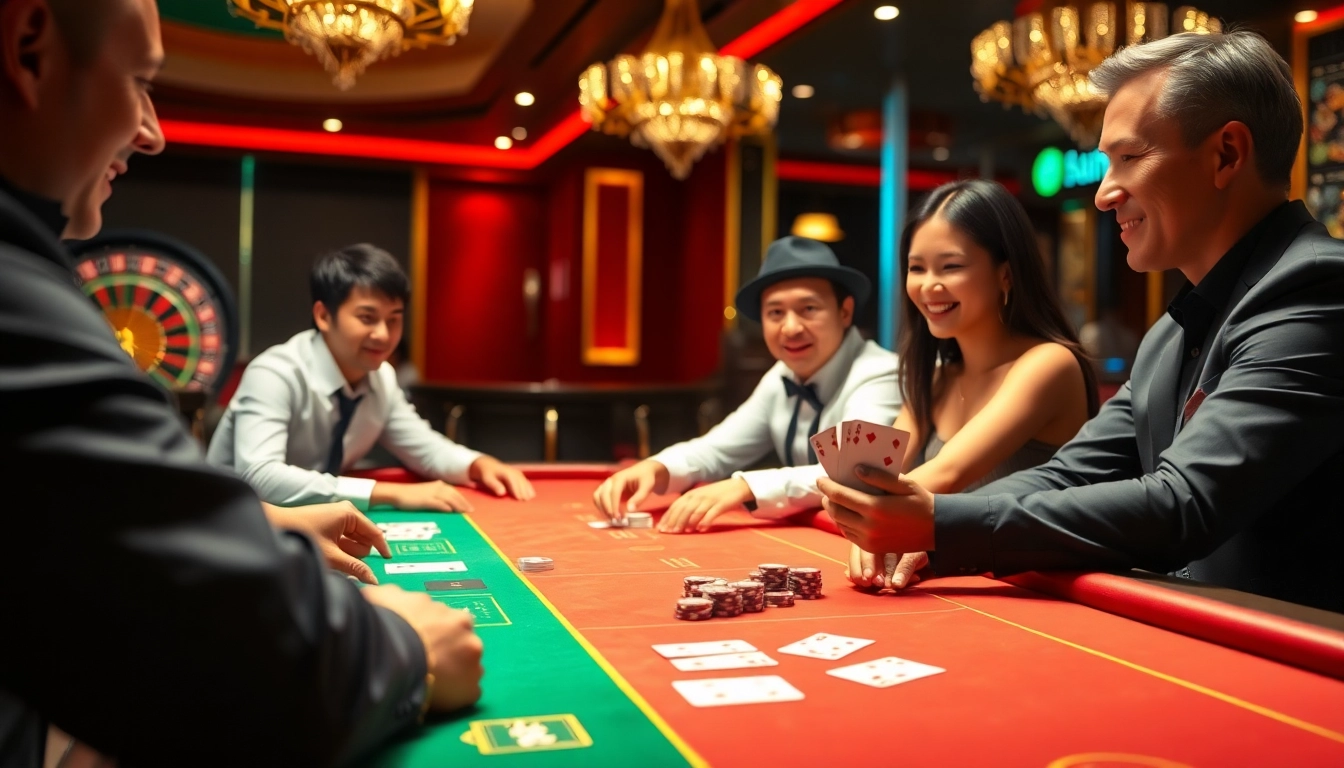B52club players engaging at a luxurious casino table with poker chips and cards.