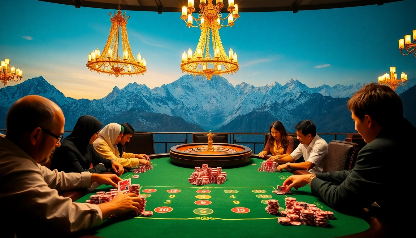Experience the excitement of Everest Base Camp-themed gambling with a lively poker table amidst stunning mountain backdrops.