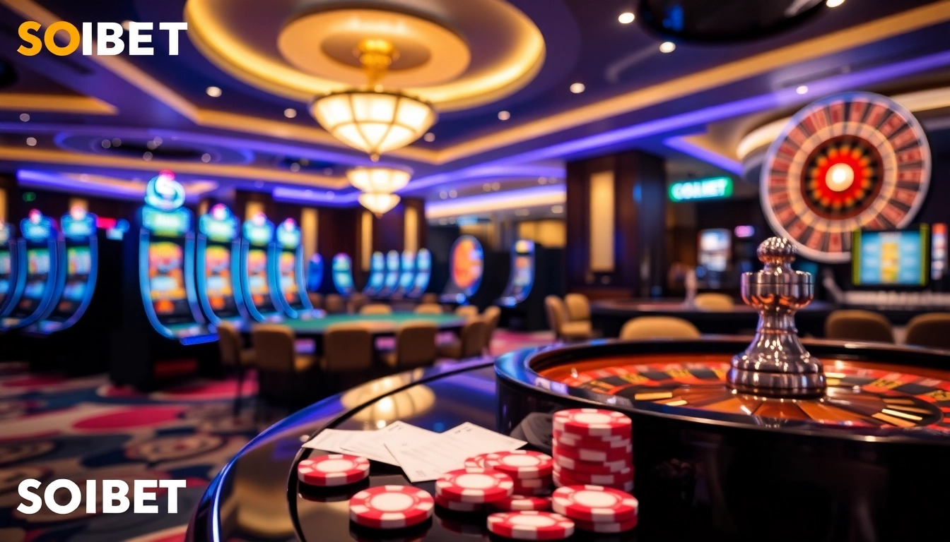 Experience thrilling gameplay at SOIBET's immersive casino, showcasing vibrant slot machines and Poker games.