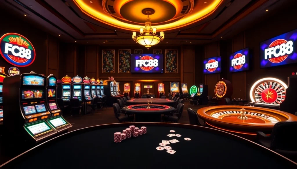 Engaging FC88 online casino scene featuring vibrant slot machines and poker action.