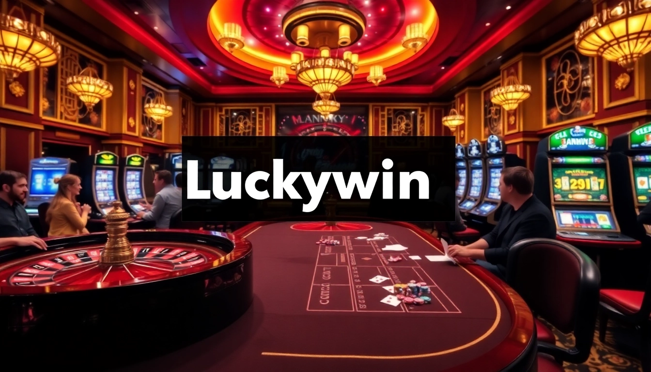 Experience the thrill of Luckywin at a luxurious casino with roulette and gaming tables.