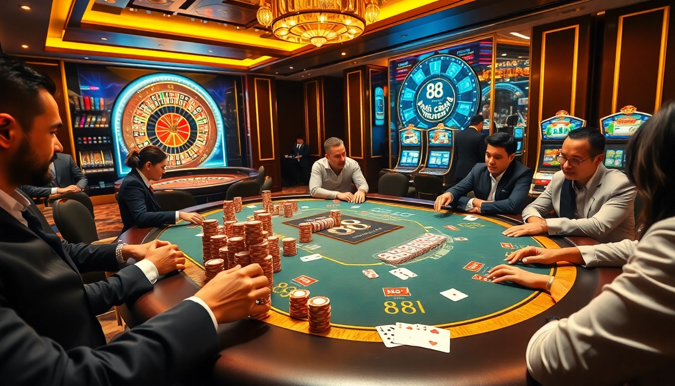 Experience thrilling poker excitement at 88i nhà cái with vibrant card games and rich casino decor.