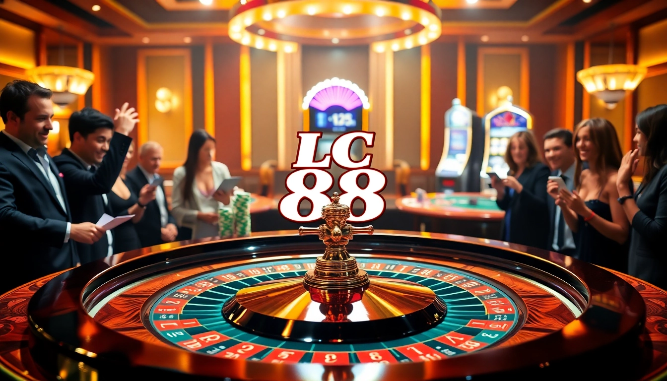 Players enjoying an exciting game of roulette at LC 88 casino with vibrant chips and cards.