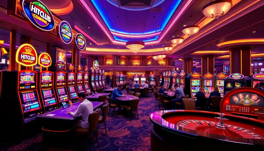 HITCLUB players enjoying diverse casino activities with vibrant slot machines and poker tables.