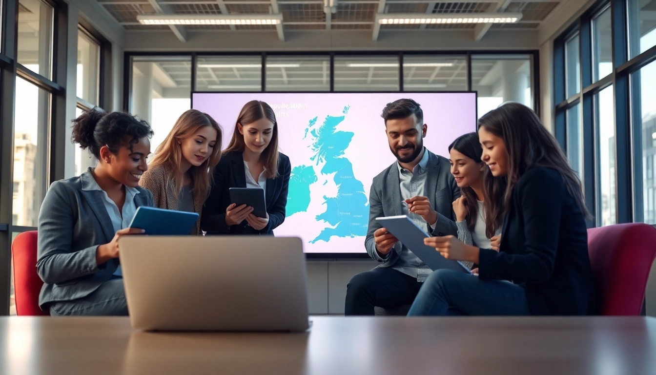 Engaged users applying through the uk eta online application process in a modern office.