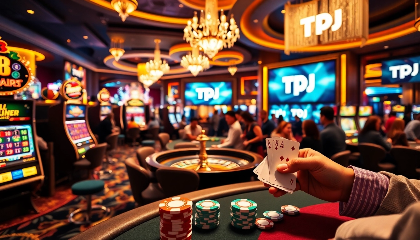 Players strategizing at a poker table in a luxurious casino, showcasing TPJ branding.
