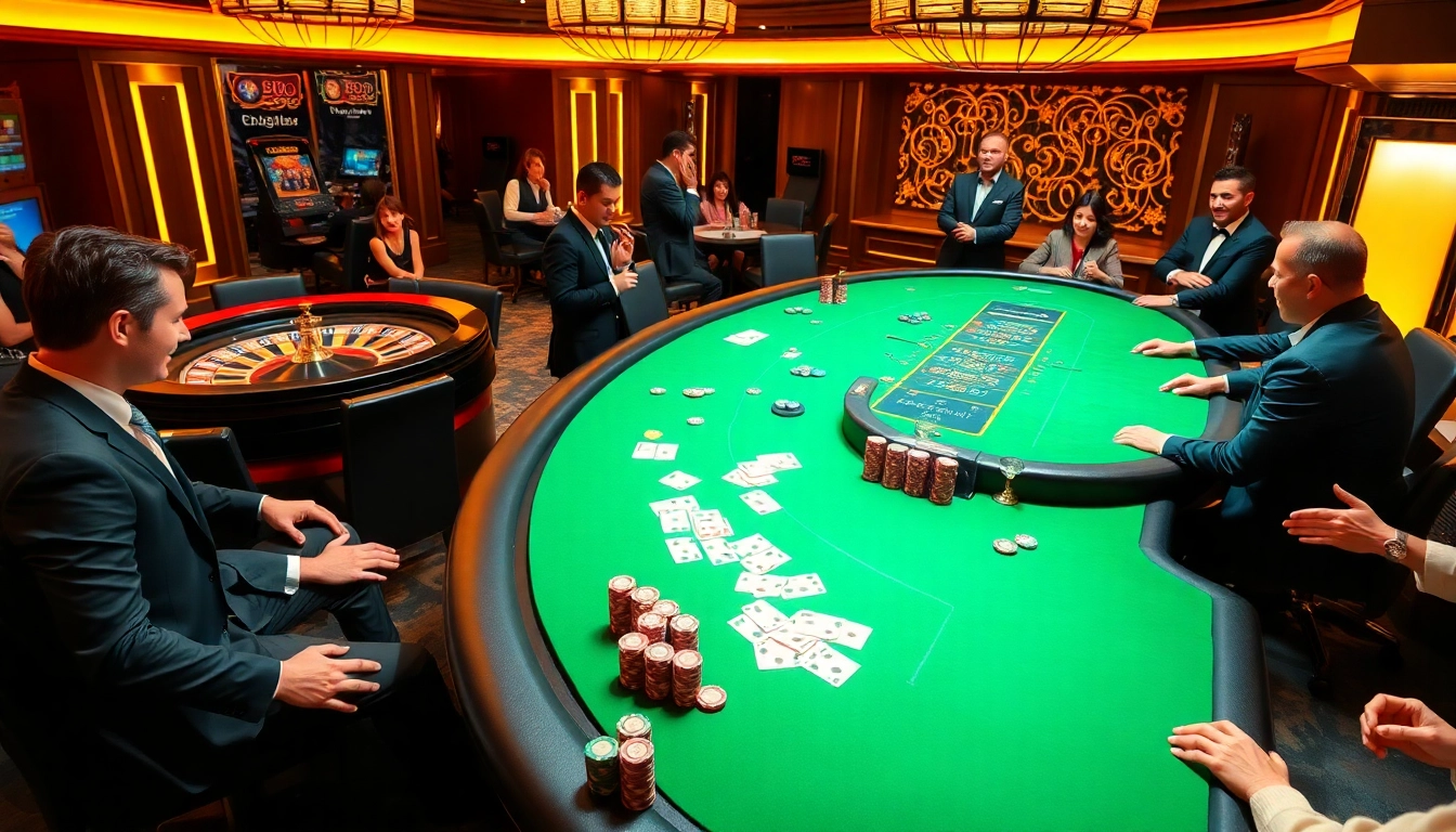 Luck8 players engaging with poker tables and roulette in a glamorous casino setting.