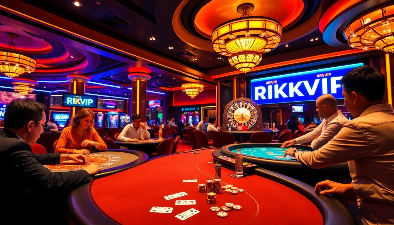 Players enjoying excitement at RIKVIP casino tables with vibrant poker chips and cards.