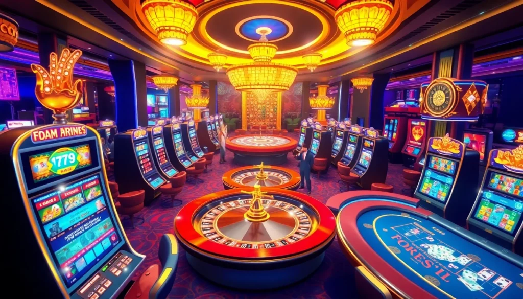 Players winning big at https://rr88a.us.com/ casino with vibrant slots and poker tables, showcasing excitement.