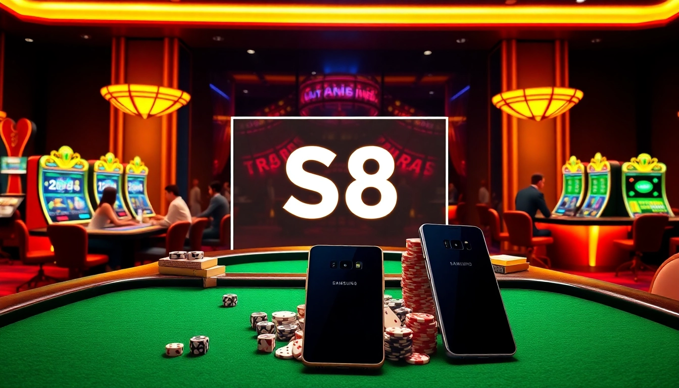 S8 casino scene showcasing engaging gameplay with modern tables and sleek smartphone promotions.