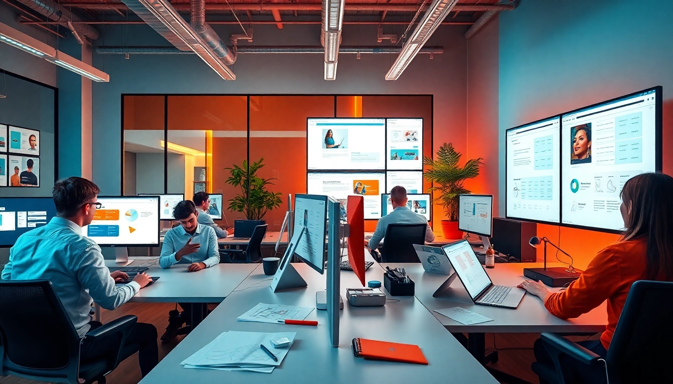 Showcasing a busy website design agency workspace with collaborative designers and colorful visuals.