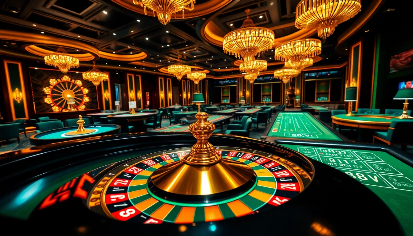 Experience the thrill of 88vv with vibrant casino tables and a luxurious roulette wheel.