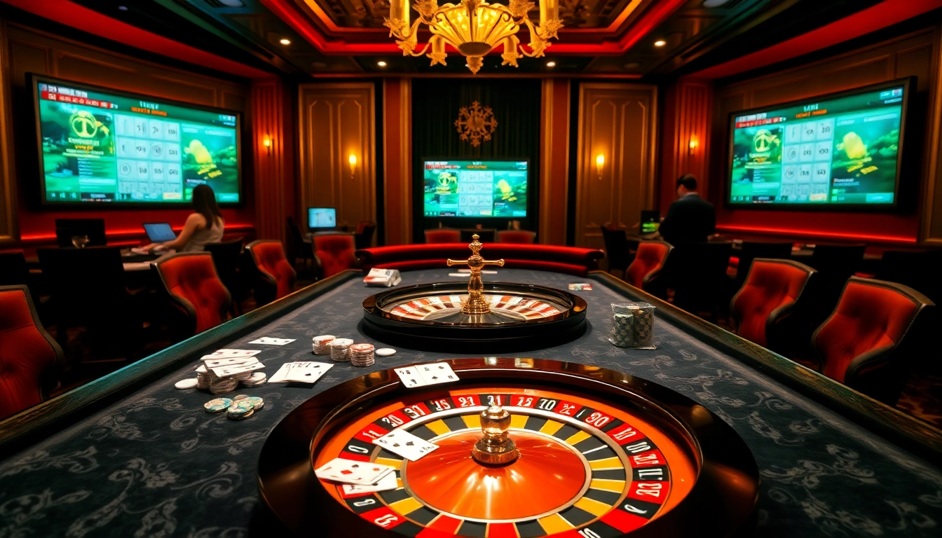 Experience keo nha cai with exciting casino scenes filled with poker chips and roulette wheels.