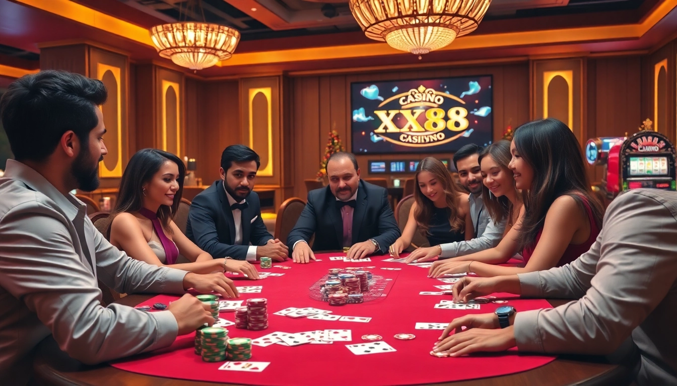 Experience the excitement at XX88 casino with a vibrant poker table and professional players.