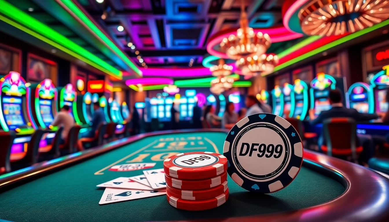 Engaging casino scene showcasing DF999 poker chips and vibrant games, radiating excitement.