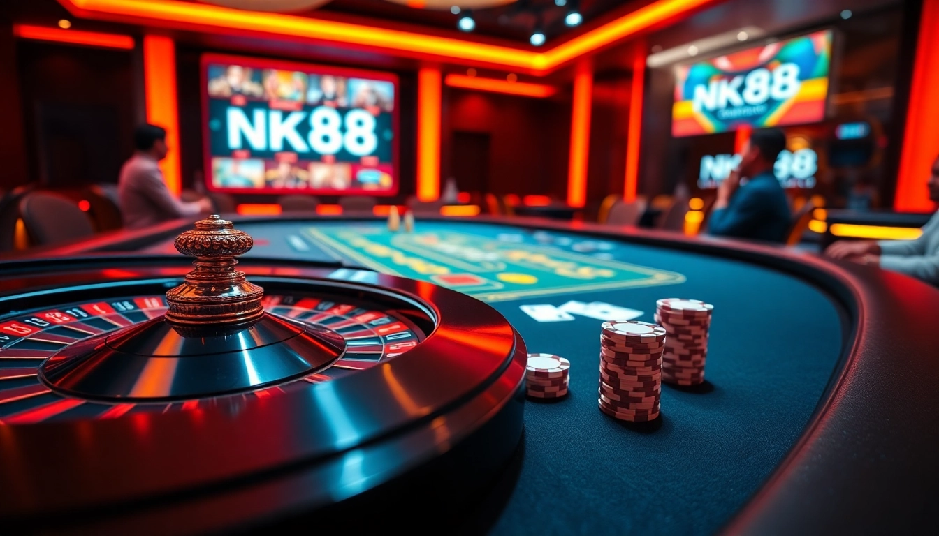 Experience high-stakes excitement at NK88 with vibrant casino visuals of roulette and poker.