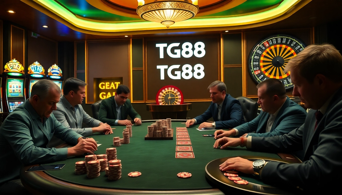 Players engaged in a high-stakes game at the TG88 casino with vibrant slot machines and poker chips.