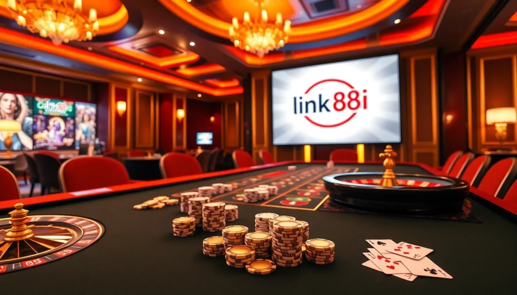 Experience the thrill of casino gaming with link 88i at a luxurious gaming table filled with cards and chips.