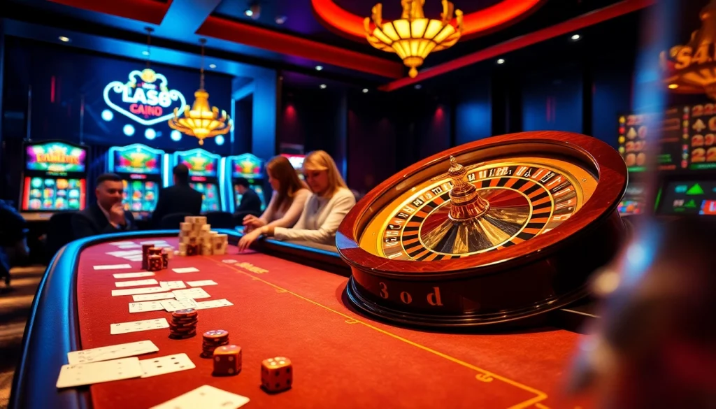 Engage in a thrilling sx88 casino game with vibrant poker chips, cards, and an elegant roulette wheel.