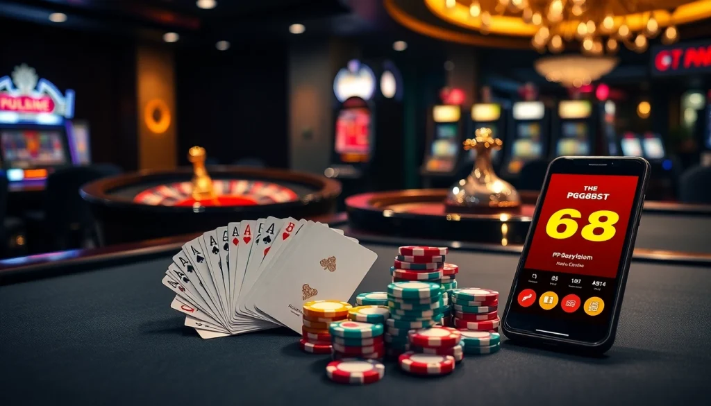 Engaging scene of poker chips and cards at https://pg88sr.com/ reflecting luxury and excitement in online gambling.