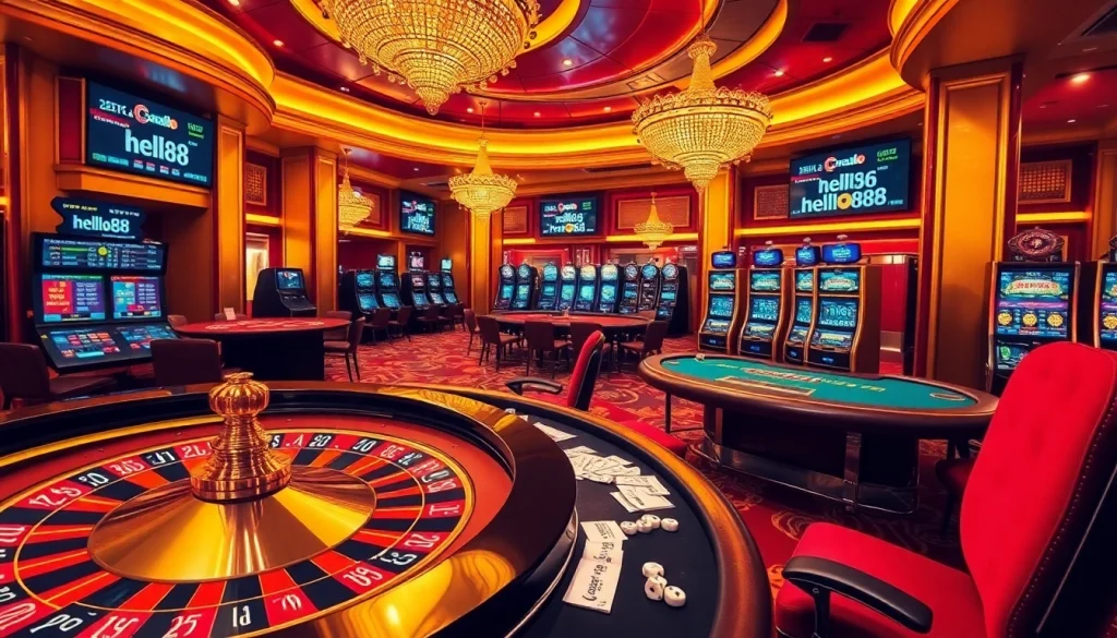 Hello88 casino scene with poker chips, roulette wheel, and warm lighting, showcasing gambling excitement.