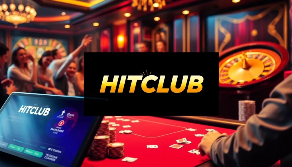 HITCLUB players strategizing at a luxurious poker table with vibrant casino elements.